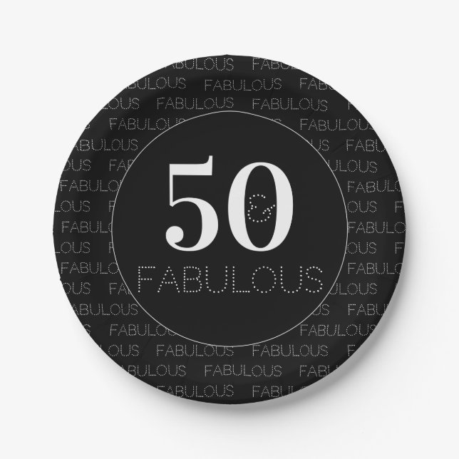 50 and fabulous Black White Modern Birthday Party Paper Plate (Front)