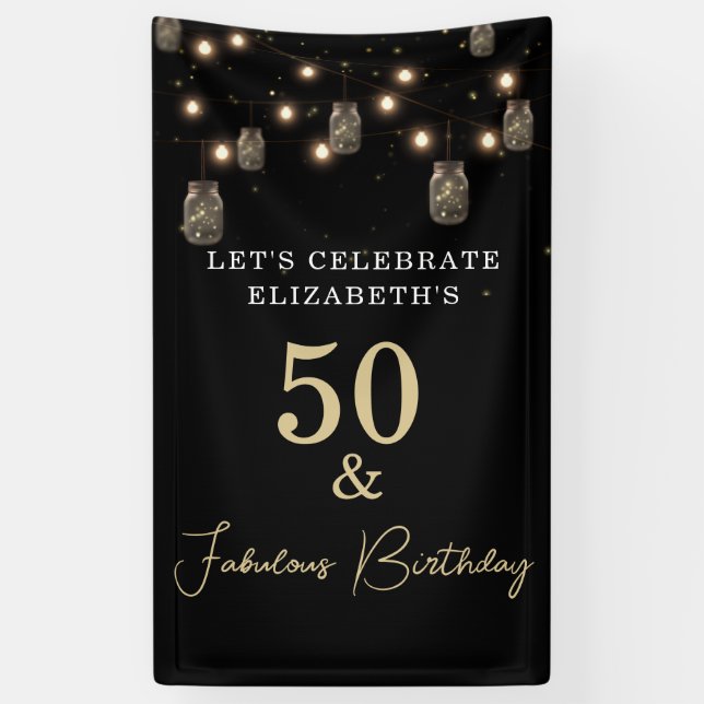 50 and Fabulous Black with String Lights Banner (Vertical)