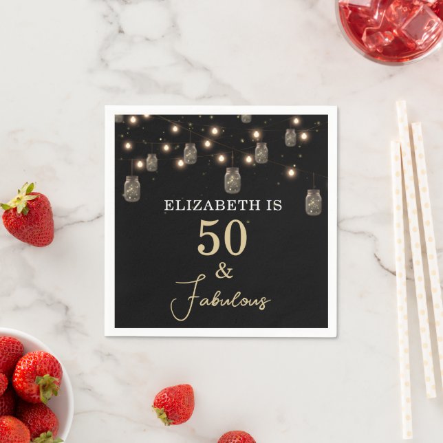 50 and Fabulous Black with String Lights Napkin (Insitu)