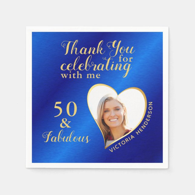50 and Fabulous Blue and Gold Photo Birthday Napkin (Front)
