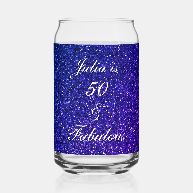 50 And Fabulous Blue Glitter Birthday Gift Favour Can Glass (Front)