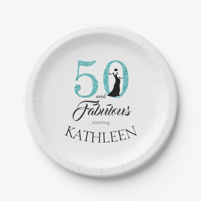 50 and Fabulous Blue Glitter Custom Name Paper Plate (Front)