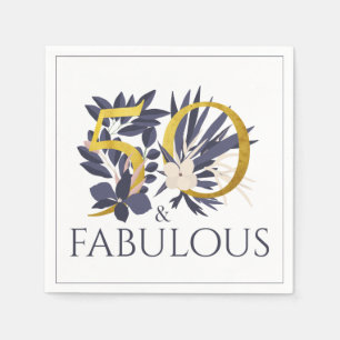 50 and Fabulous Blue Gold  Luxury Floral Birthday Napkin