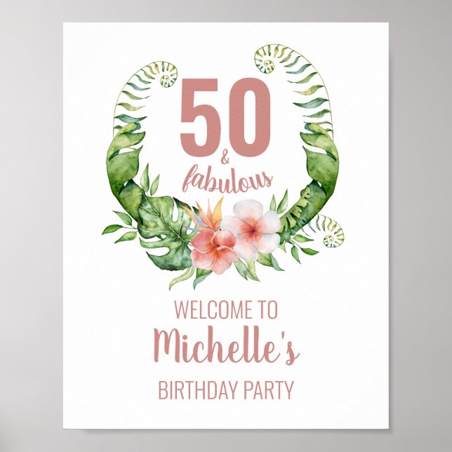 50 and fabulous blush pink elegant birthday party poster (Front)