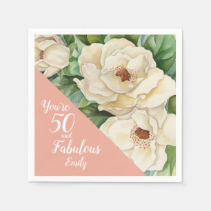 50 And Fabulous Blush Pink Floral Magnolia Name Napkin