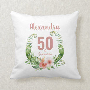 50 and fabulous blush pink script stylish birthday cushion