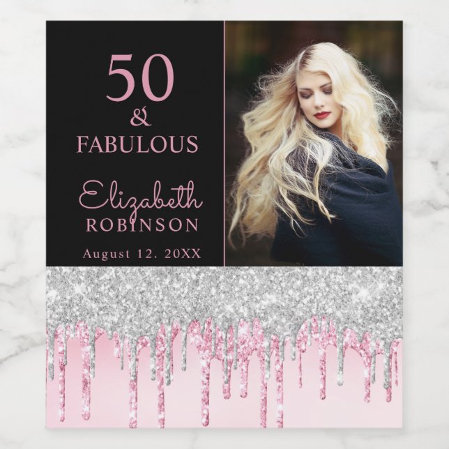 50 and Fabulous Blush Silver Drips Birthday Party Wine Label (Single Label)