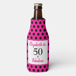 50 and Fabulous Bold Pink with Black Polka Dots Bottle Cooler