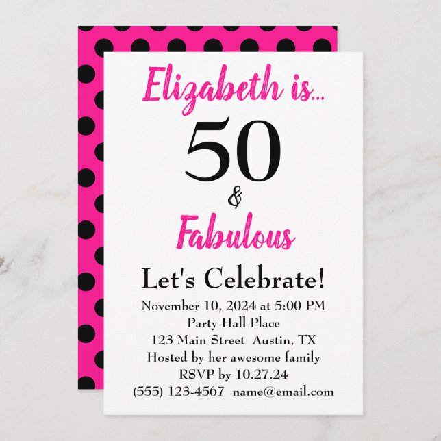 50 and Fabulous Bold Pink with Black Polka Dots Invitation (Front/Back)