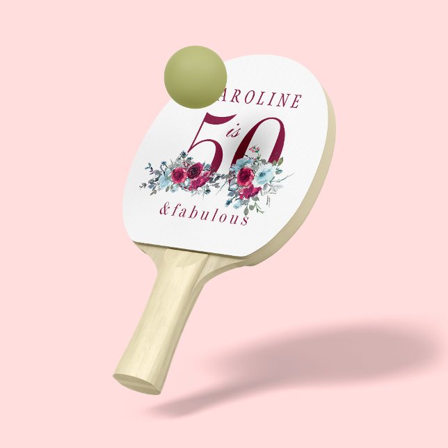 50 and fabulous burgundy floral birthday gift ping pong paddle (Creator Uploaded)