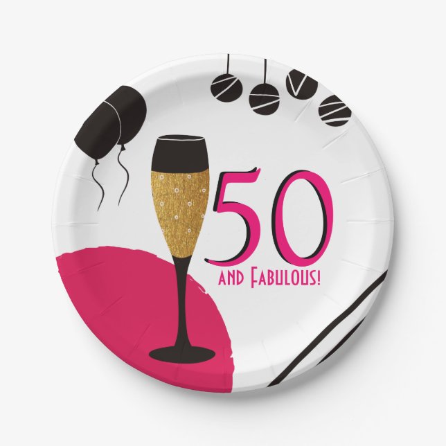50 and Fabulous Champagne Flute Paper Plate (Front)