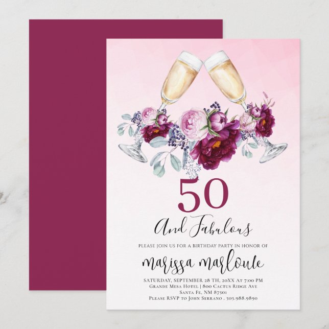 50 And Fabulous Champagne Glasses Floral Birthday  Invitation (Front/Back)