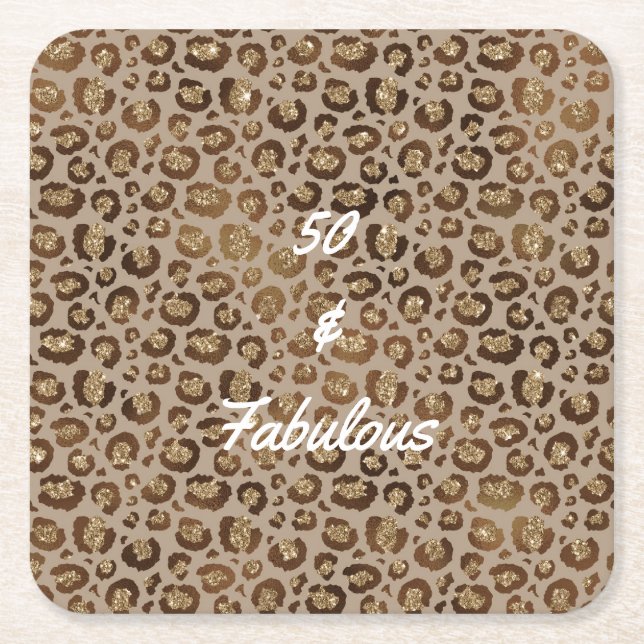 50 and Fabulous Cheetah Print Square Paper Coaster (Front)