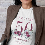 50 and fabulous chic floral 50th birthday party T-Shirt<br><div class="desc">Elegant feminine 50 and fabulous birthday party name personalised t-shirt with watercolor red burgundy and dusty blue flowers bouquets and a modern trendy typography script.</div>