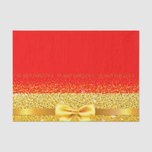 50 and fabulous chic gold bow and ribbon on red tissue paper