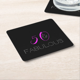 50 and fabulous Chic Hot Pink Black Birthday Square Paper Coaster