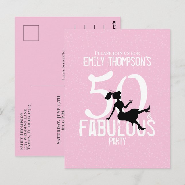 50 and Fabulous Chic Pink Party Girl Silhouette  Postcard (Front/Back)
