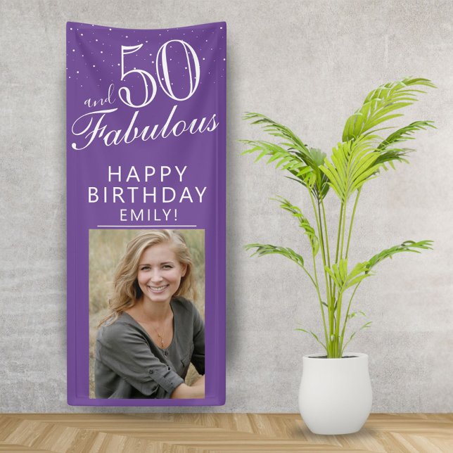 50 and Fabulous Chic Script Purple Photo Party  Banner (Creator Uploaded)