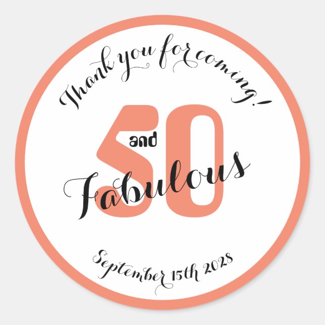 50 and Fabulous Coral 50th Birthday Favour Classic Round Sticker (Front)
