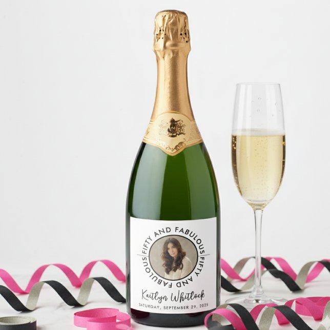 50 and Fabulous Custom Photo 50th Birthday Party Sparkling Wine Label (elegant bold black and white fifty and fabulous 50th birthday party sparkling wine labels with photo)