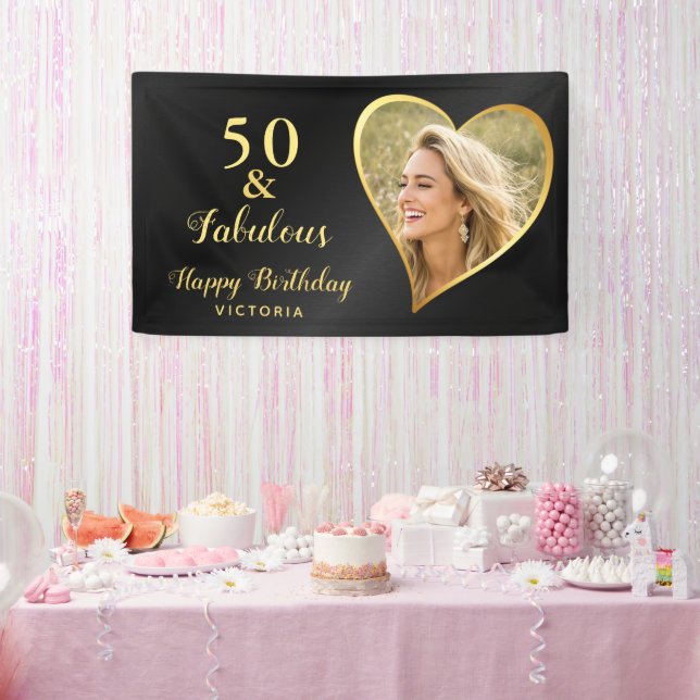 50 and Fabulous Custom Photo and Name Black & Gold Banner (Party)