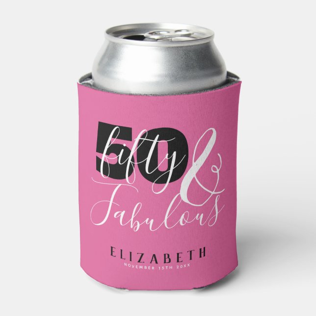 50 And Fabulous Elegant 50th Birthday Party Pink Can Cooler (Can Front)