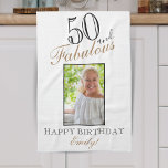 50 and Fabulous Elegant 50th Birthday Photo Tea Towel<br><div class="desc">50 and Fabulous Elegant 50th Birthday Photo kitchen towel. Elegant script in black and golden colours. Add your name and photo.</div>