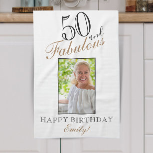 50 and Fabulous Elegant 50th Birthday Photo Tea Towel