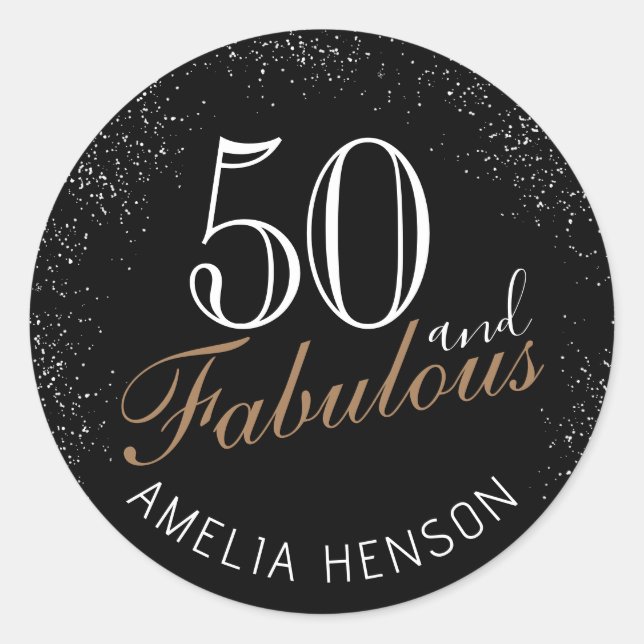 50 and Fabulous Elegant Black 50th Birthday Classic Round Sticker (Front)
