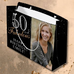 50 and Fabulous Elegant Black 50th Birthday Photo Large Gift Bag<br><div class="desc">50 and Fabulous Elegant Black 50th Birthday Photo Gift Bag. 50 and fabulous text in trendy script with a name on a black background. Personalise it with your photo,  name and the age. It`s a great personalised photo gift bag for a woman`s birthday.</div>