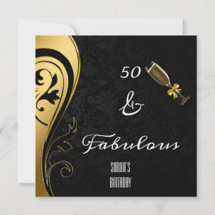 50 and Fabulous Elegant Black & Gold Birthday Invitation