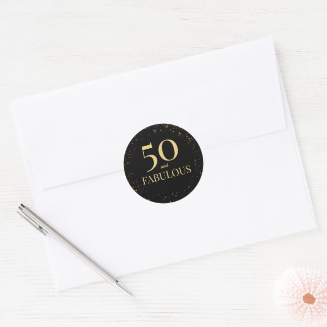 50 and Fabulous Elegant Black Gold Confetti Classic Round Sticker (Envelope)