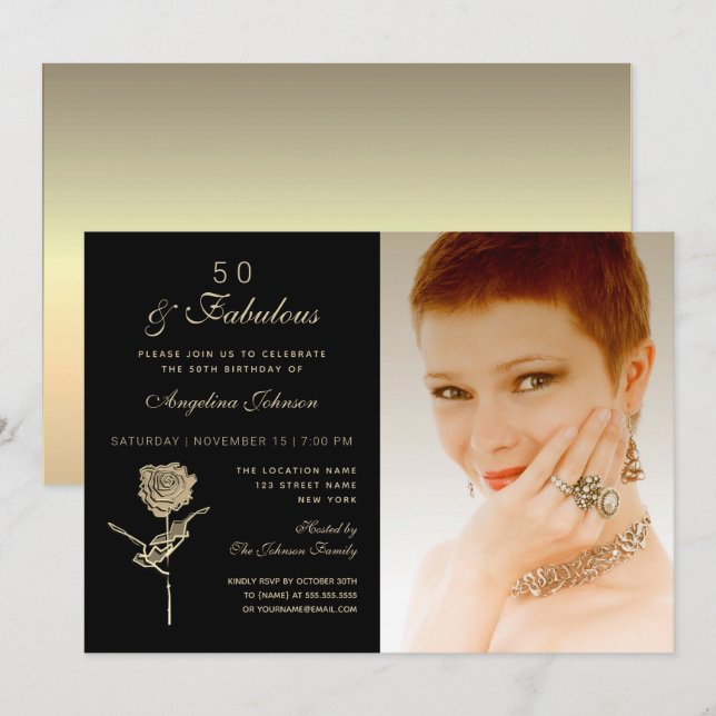 50 and Fabulous , Elegant Black Gold Floral Photo Invitation (Front/Back)