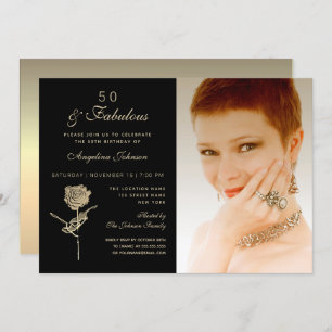 50 and Fabulous , Elegant Black Gold Floral Photo Invitation