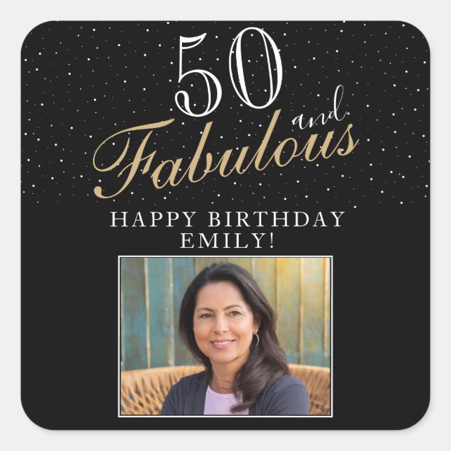 50 and Fabulous Elegant Black Photo 50th Birthday Square Sticker (Front)