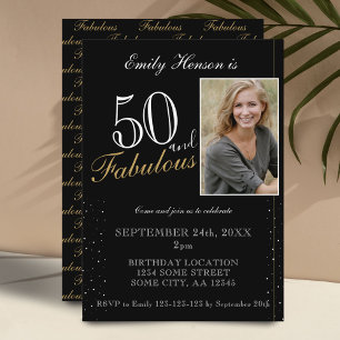 50 and Fabulous Elegant Black Photo Birthday Invitation