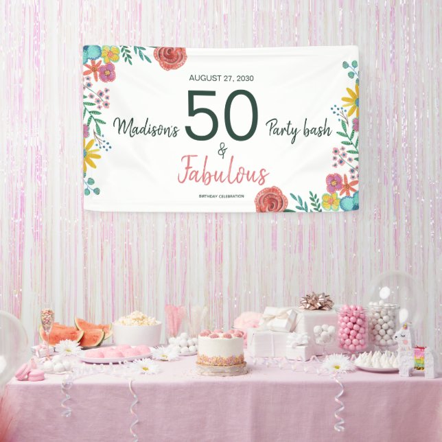 50 and fabulous elegant floral watercolor  invitat banner (Party)