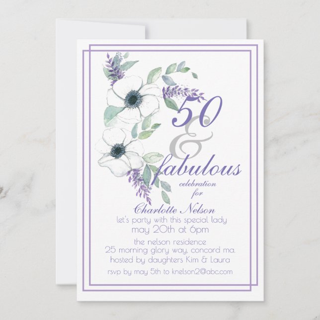 50 and Fabulous Elegant Floral Watercolor Invitation (Front)