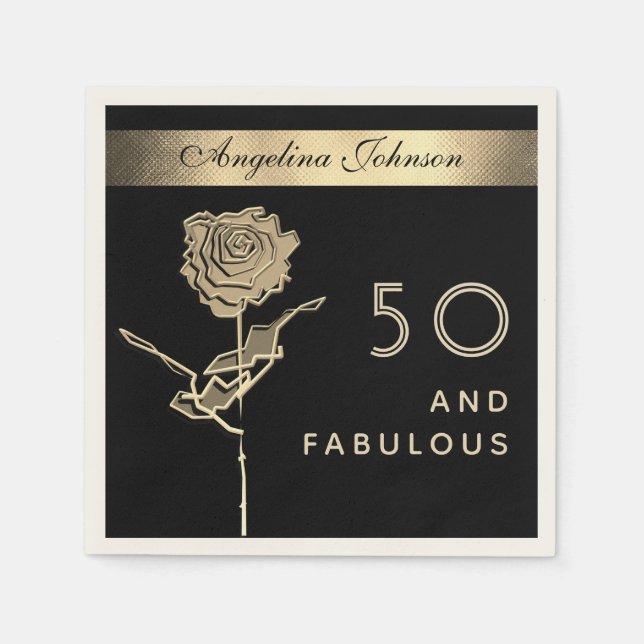 50 and Fabulous Elegant Glam Black and Gold Flower Napkin (Front)