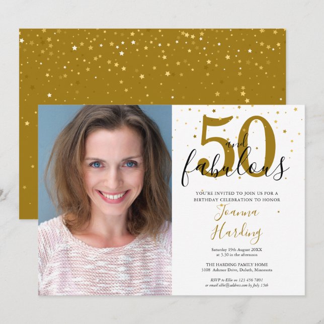 50 and Fabulous Elegant Gold Black Birthday Photo Invitation (Front/Back)