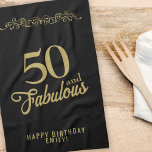 50 and Fabulous Elegant Ornament 50th Birthday  Tea Towel<br><div class="desc">50 and Fabulous Elegant Ornament 50th Birthday Black kitchen towel. 50 and fabulous saying in trendy golden script and a gold ornament. Personalise it with your name and the age.</div>