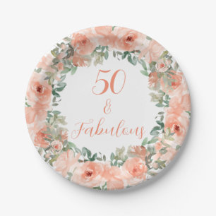 50 and Fabulous Elegant Peach Floral Paper Plate