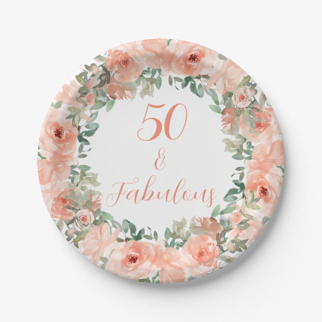 50 and Fabulous Elegant Peach Floral Paper Plate (Front)