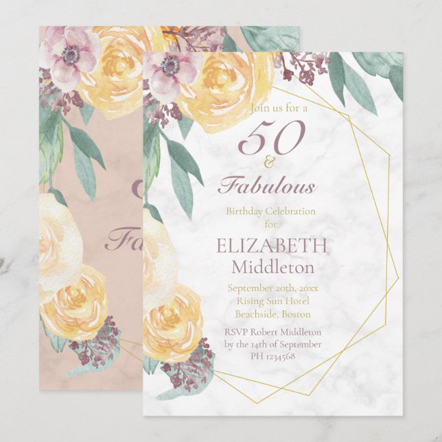 50 and Fabulous Elegant Pink Marble  Birthday Invitation (Front/Back)