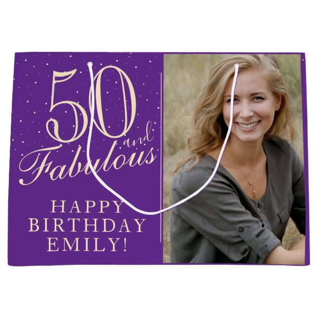50 and Fabulous Elegant Purple 50th Birthday Photo Large Gift Bag (Front)