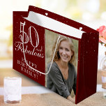 50 and Fabulous Elegant Red 50th Birthday Photo Large Gift Bag<br><div class="desc">50 and Fabulous Elegant Red 50th Birthday Photo Gift Bag. 50 and fabulous text in trendy script with a name on a red background. Personalise it with your photo,  name and the age. It`s a great personalised photo gift bag for a woman`s birthday.</div>