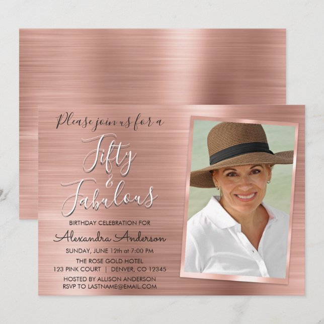 50 and Fabulous Elegant Rose Gold Blush Pink Photo Invitation (Front/Back)