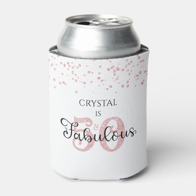 50 AND FABULOUS Elegant Rose Gold Glitter Name Can Cooler (Can Front)