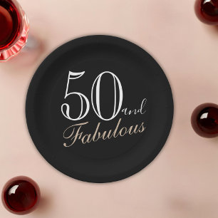 50 and Fabulous Elegant Script Black 50th Birthday Paper Plate