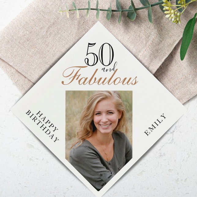 50 and Fabulous Elegant Script Photo 50th Birthday Napkin (Creator Uploaded)